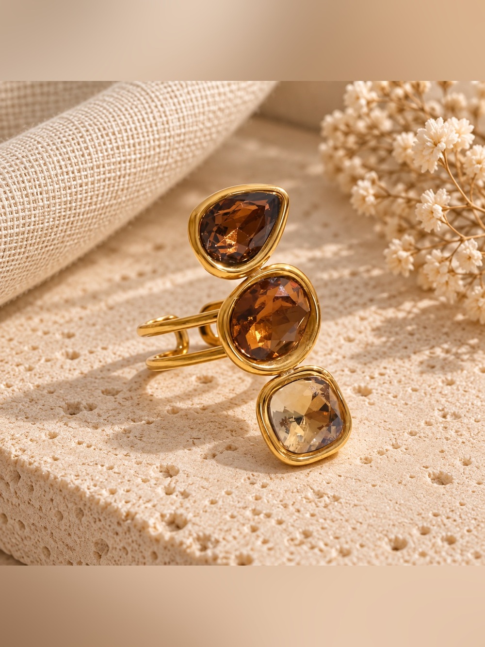 Elegant Gold Triple Gemstone Statement Ring